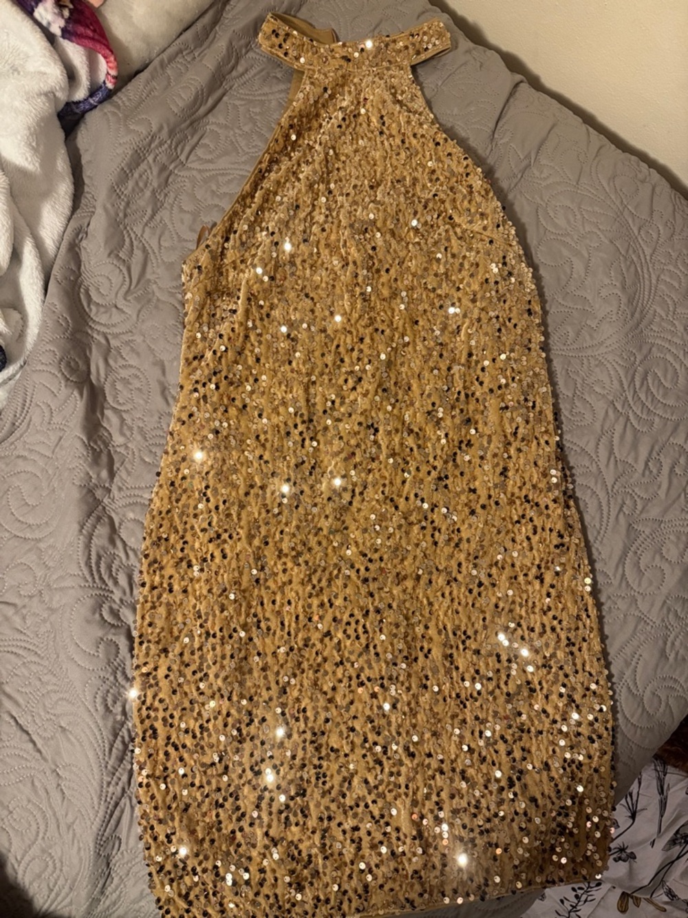 SHEIN Gold Sequin Halter Mini Dress